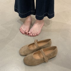 法式晚风绒面一字带圆头平底玛丽珍鞋2025春秋软底豆豆奶奶单鞋子