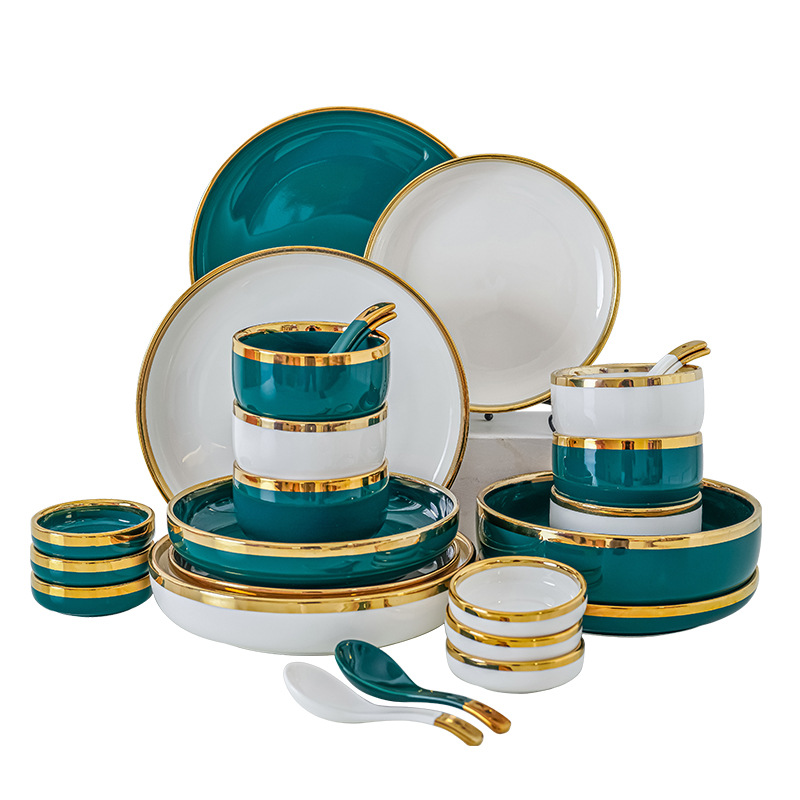 Nórdico borde dorado hogar vajilla de cerámica traje creativo tazón combinación ins viento neto arroz rojo tazón plato fideos