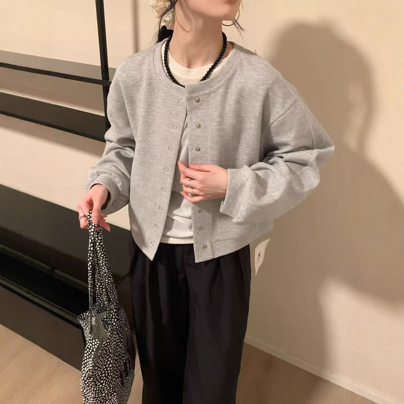 2025 Spring New Design Sense Niche Casual Cardigan Sweater Women's European Crewneck All-match Slim Jacket Top