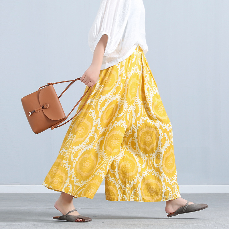 Painting fan artistic loose linen wide-leg pants women's cropped pants elastic waist casual all-match culottes yellow