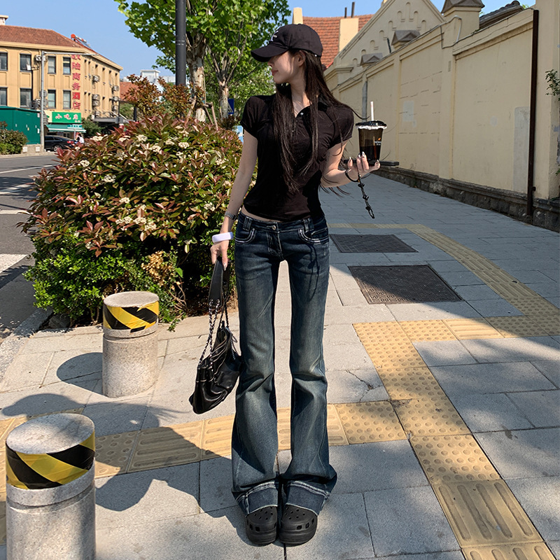 American Low-Waist Hot Girl Micro-Flared Jeans for Women 2025 Autum Hot Girl Design Tight Horseshoe Flared Pants