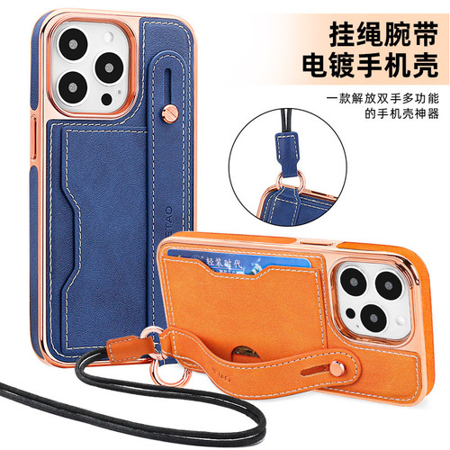 Apple 15 Plated Phone Case with Wrist Strap, iPhone 13 Pro Card Holder Stand, Crossbody Lanyard Compatible Phone Cover