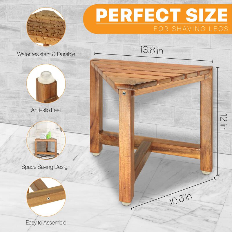 Solid wood triangular stool corner shelf acacia wood indoor storage shelf bathroom shower stool wooden step stool seat