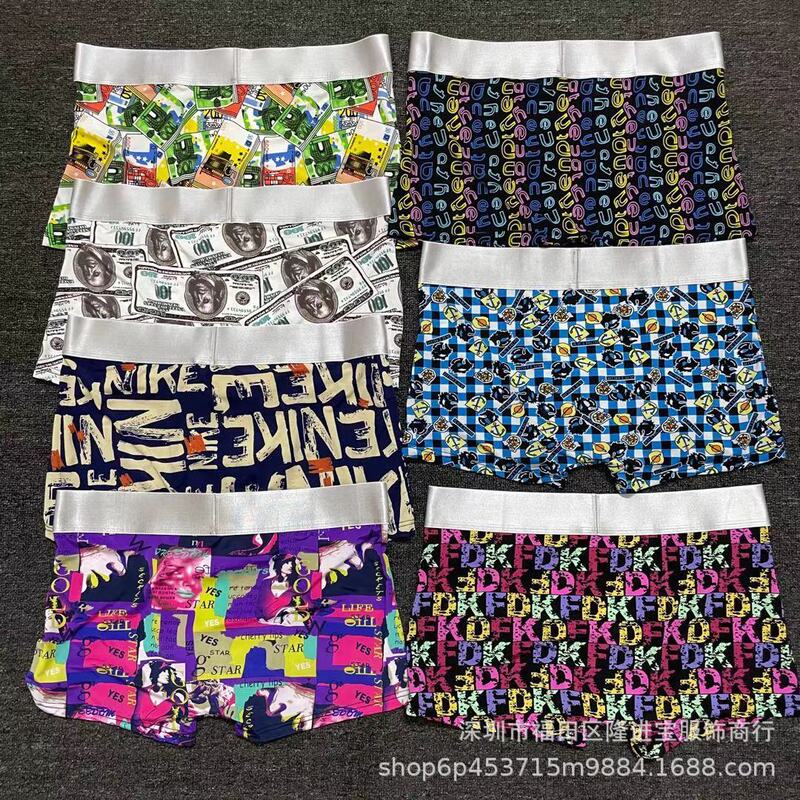 Foreign Trade AliExpress European and American Fashion Men's Boxer Pants Ice Silk Full Print Men's Underwear Four-Corner Pants Trendy Brand Short Pants