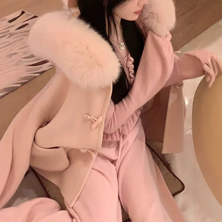 春款仙女粉色澳毛毛领大衣外套女士时尚显瘦垂感休闲裤