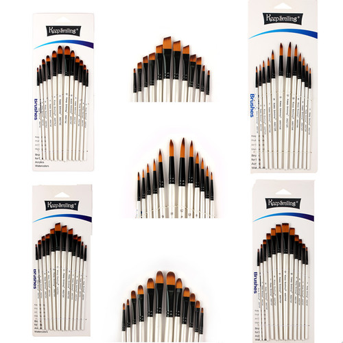 Set of 12 pearlescent white pointed brushes, nylon bristled brushes, acrylic watercolor brushes, art supplies wholesale