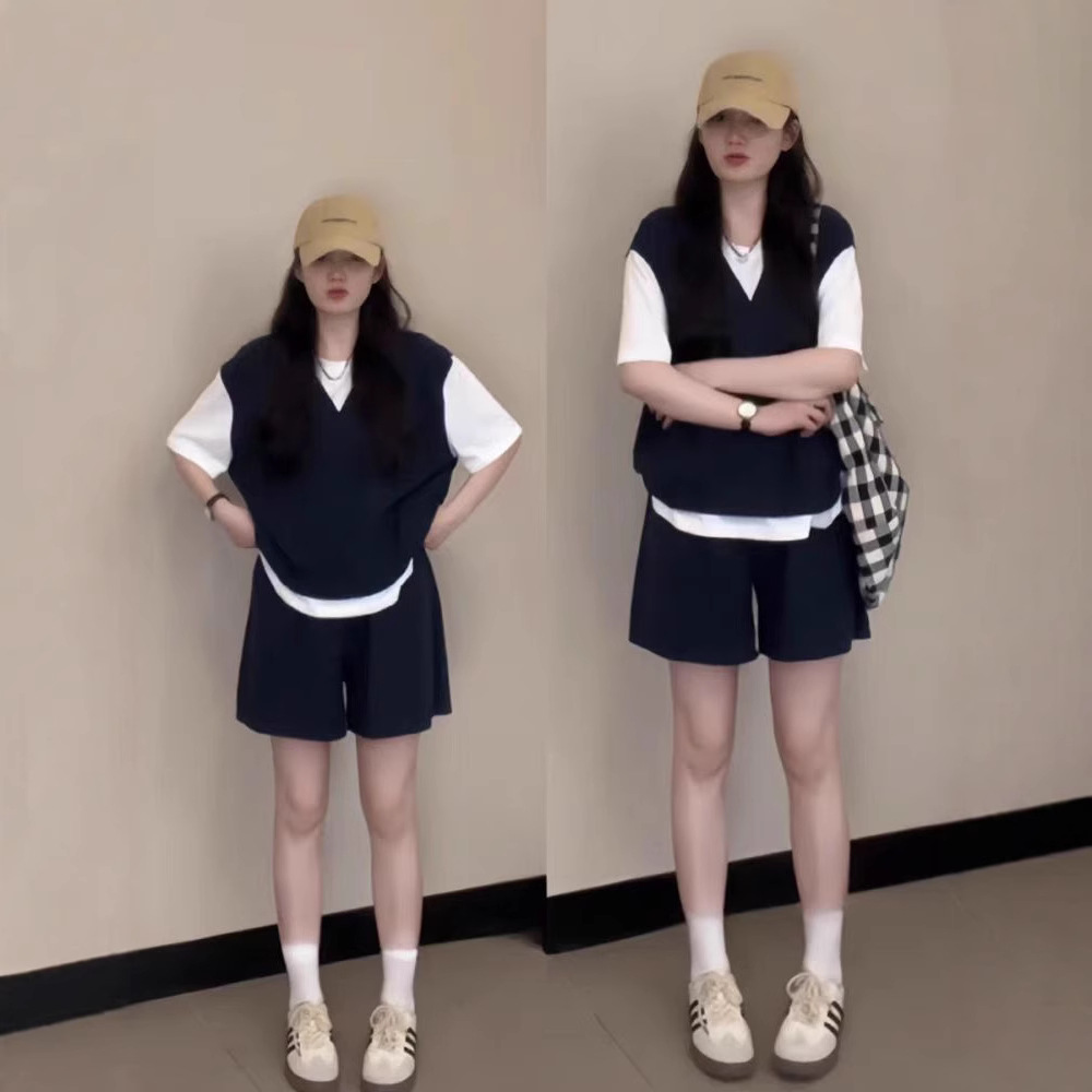 여름 여학생을위한 운동복 정장 한국 스타일 느슨한 슬리밍 가짜 투피스 반팔 와이드 레그 반바지 캐주얼 투피스 세트