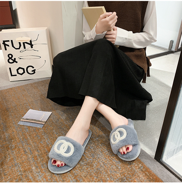 Fellhausschuhe im Feenstil für Damen zum Tragen von Oberbekleidung, neu, für den Innenbereich, weiche Sohle, bequem, einzeilig, offene Zehenpartie, Baumwolle_voghion.com