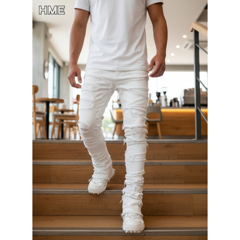 Overseas European and American Men's White Stacked Frayed Denim Jeans with Multi-Layered Ripped Patches, Slim-Fit Skinny Long Pants for Export