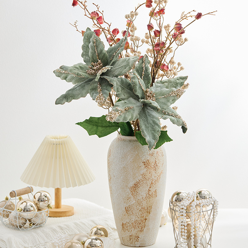 24 nuevas ventas transfronterizas de flores de Navidad verdes de alta calidad, flores de imitación de tamaño grande, accesorios de decoración de árbol de Navidad