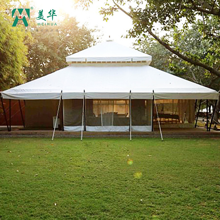 Hotel de tienda de campaña de pico único atractivo de ocio al aire libre techo de pendiente campamento de lujo hexágono fabricante a prueba de lluvia ligero