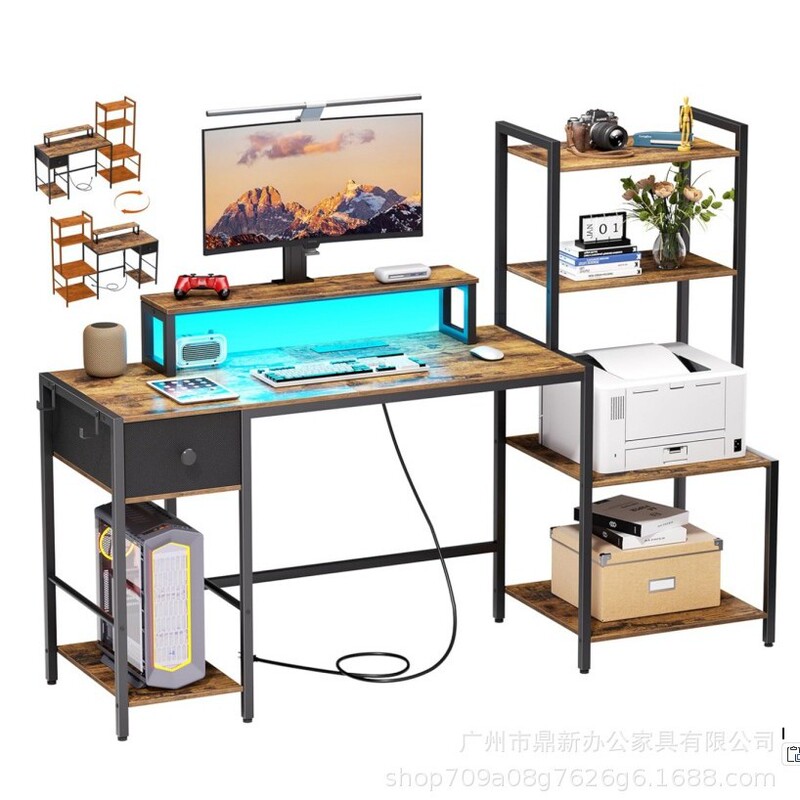 Home Bedroom Office Computer Desk with Led Atmosphere Light Monitor and Printer Stand Office Desk Gaming Desk