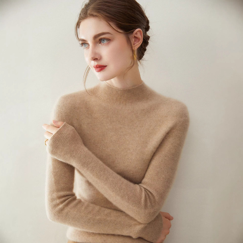 New Autumn and Winter Seamless 100% Pure Cashmere Sweater for Women, Half-Turtleneck, Ribbed, Slim-Fit, Slimming Base Sweater New Autumn and Winter Seamless 100% Pure Cashmere Sweater for Women, Half-Turtleneck, Ribbed, Slim-Fit, Slimming Base Sweater