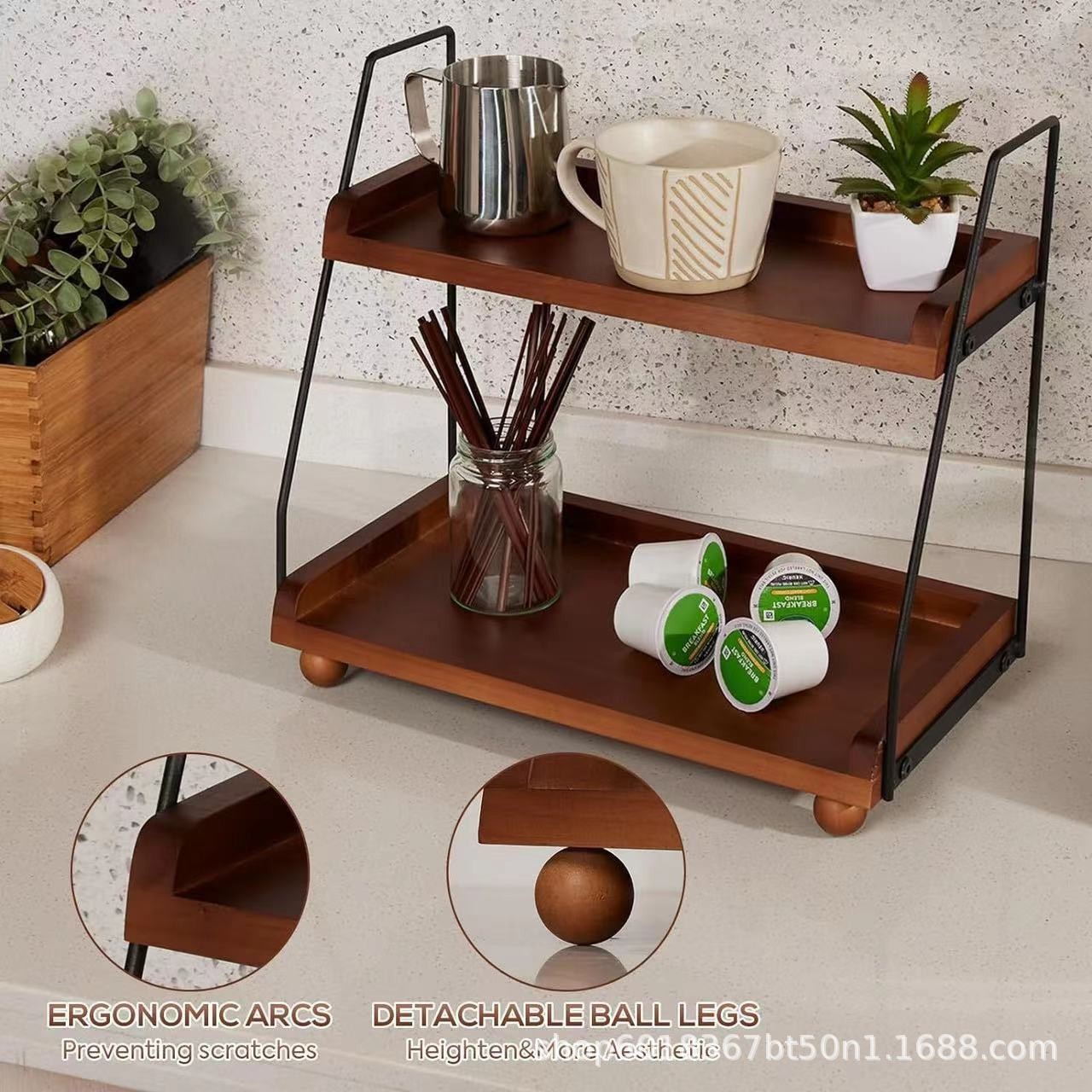 Wooden Kitchen Seasoning Double-Layer Storage Rack Desktop Coffee and Beverage Storage Rack Multi-Purpose Cup Organizer