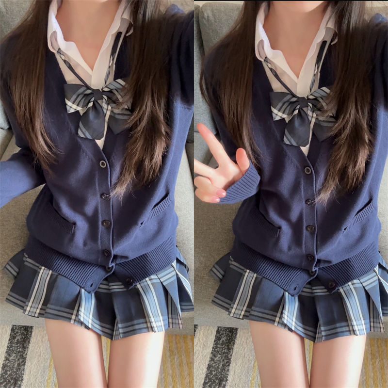 原创正版jk制服叠穿春秋长袖毛衣开衫女学生学院风校供感针织上衣
