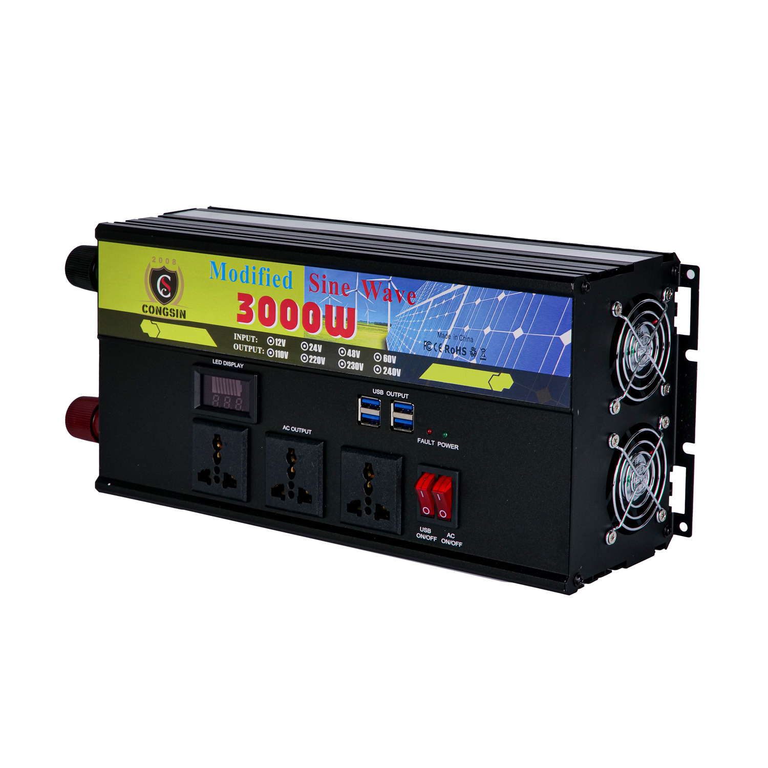 厂家直销 现货热卖 12V220V 3000W大容量逆变器带LCD显示屏4USB