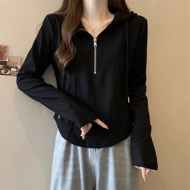 带帽卫衣女秋连帽季长袖恤内搭法式秋季上衣女新款修身女打底衫|undefined