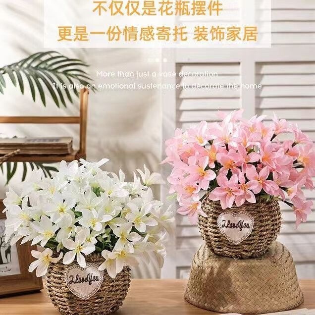 Artificial flower pot set, woven basket, small lily flowers, faux flowers for living room, dining room, cafe, hotel decoration, silk flowers Artificial flower pot set, woven basket, small lily flowers, faux flowers for living room, dining room, cafe, hotel decoration, silk flowers
