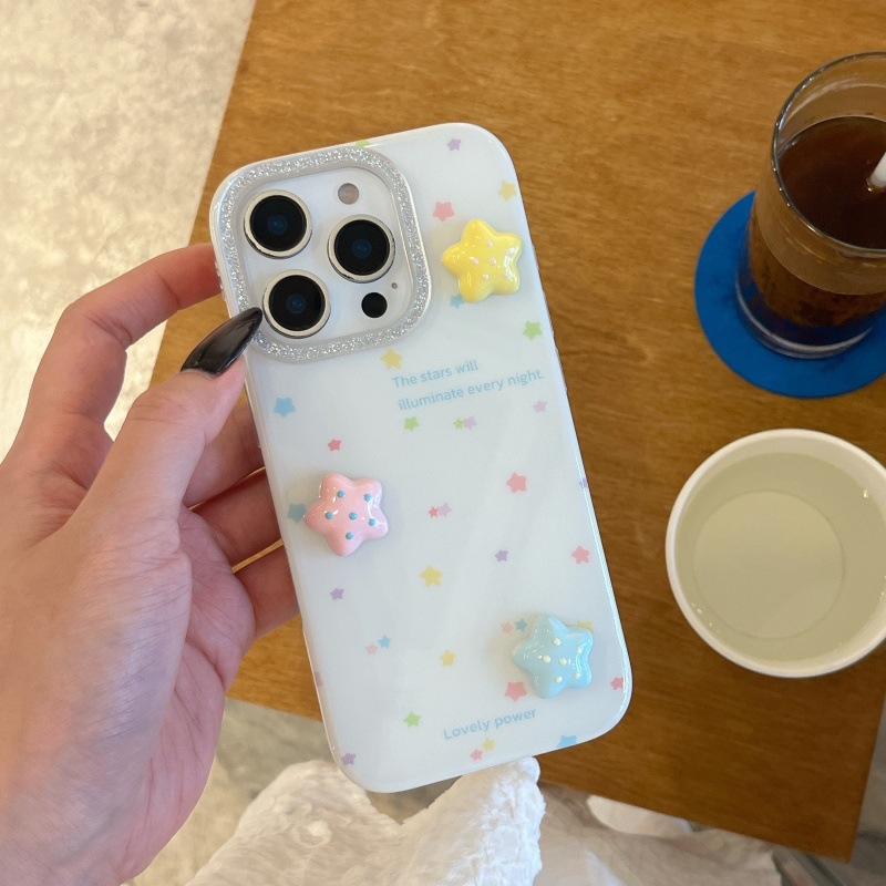 Estrellas tridimensionales de color coreanas para Apple 16ProMax funda para teléfono móvil 15Pro/14Pro cadena 13 nuevo 16P