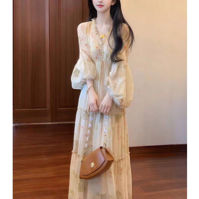 French Retro Elegant Fairy Holiday Style dress Spring and Summer 2025 New Waist Platycodon Grandiflorum Tea Break Long Dress Women's Clothing