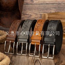 跨境新款复古弧形凤尾纹针扣休闲时尚百搭PU压花皮男女通用腰带