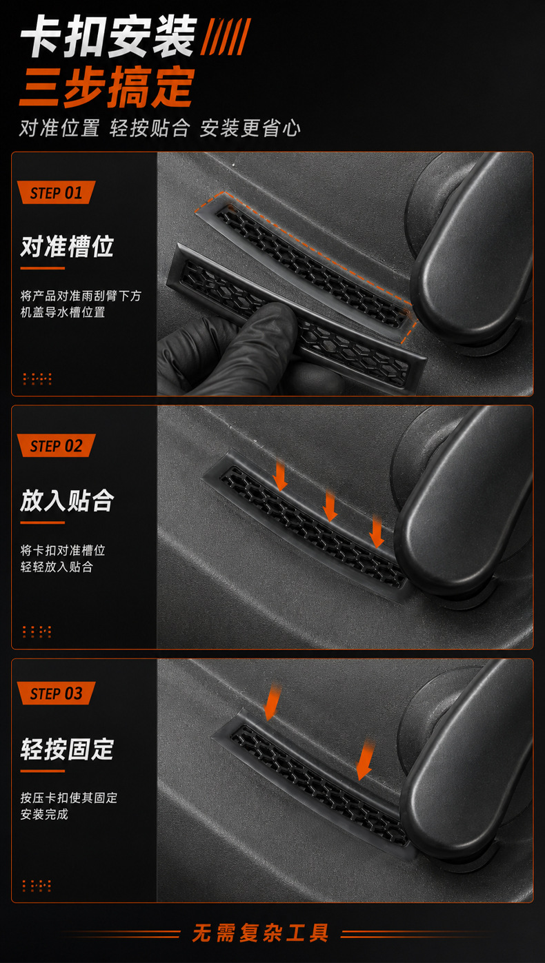 Suitable for 24 to 26 models of Mercedes E-Class, wiper lower drain outlet anti-blocking cover, engine compartment water guide slot cover, leaf protection