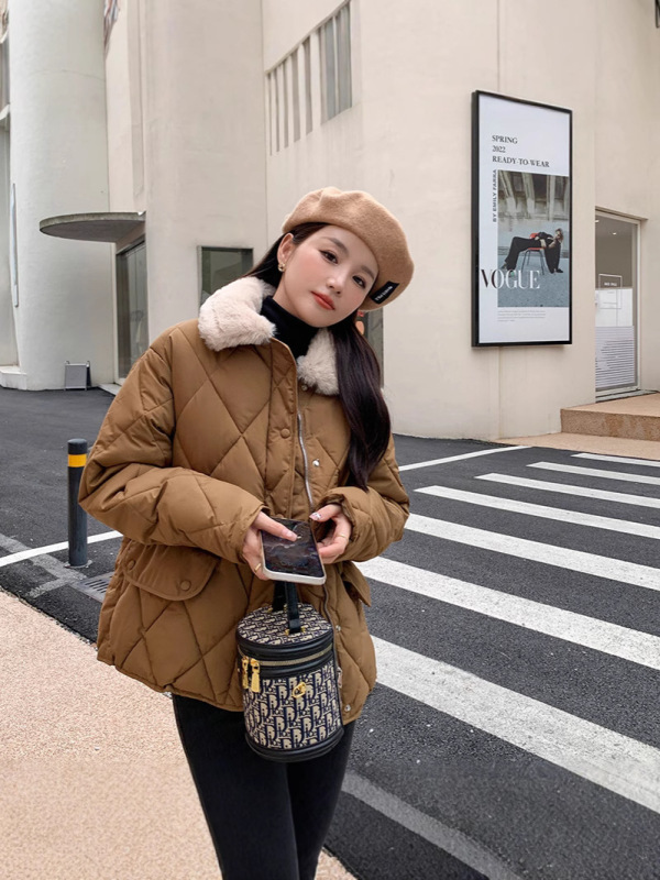 2025羊羔毛领棉衣女轻薄菱格棉服女秋冬新款韩版拼接休闲棉袄外套|undefined