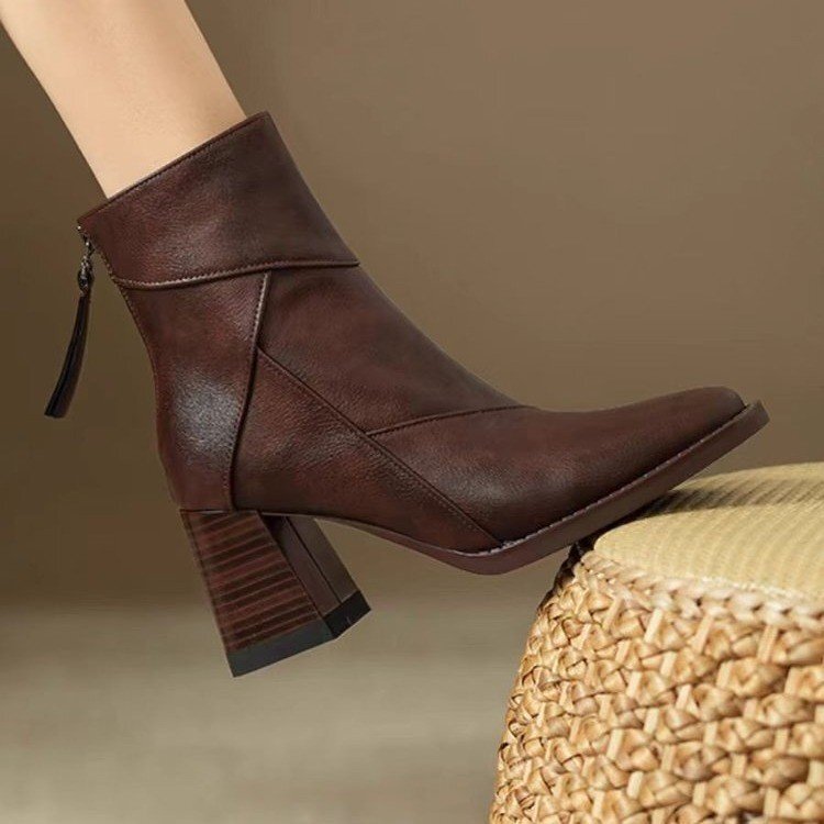 Vintage Brown Soft Leather Thick Heel Boots Women 2024 New High Heel Martin Boots British Style Small Square Head Thin Boots