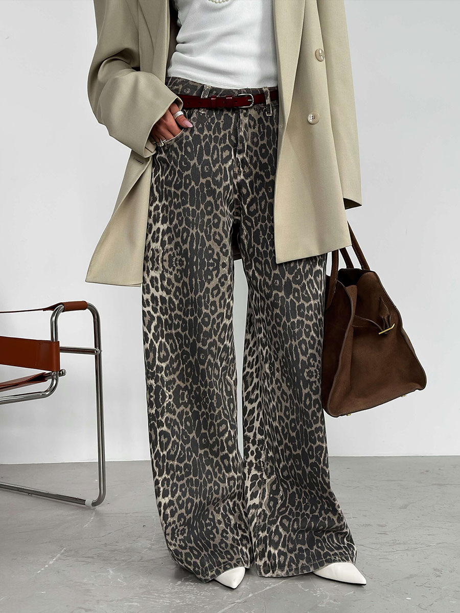 Pantalones de piernas anchas estampados de leopardo transfronterizos Europa y los Estados Unidos 2025 primavera y verano nuevo Y2K relajado y casual estampado de leopardo estampado pantalones de piernas anchas estampados