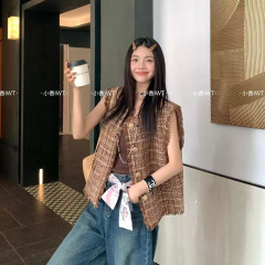 毛须边圆领小香风羊毛马夹女欧货2025秋季新款显瘦单排扣马甲外套