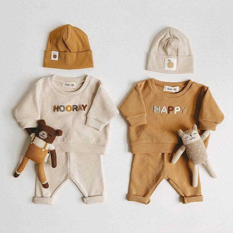 韩版童装华夫格字母春秋套装婴儿宝宝休闲长袖上衣+裤子两件套批