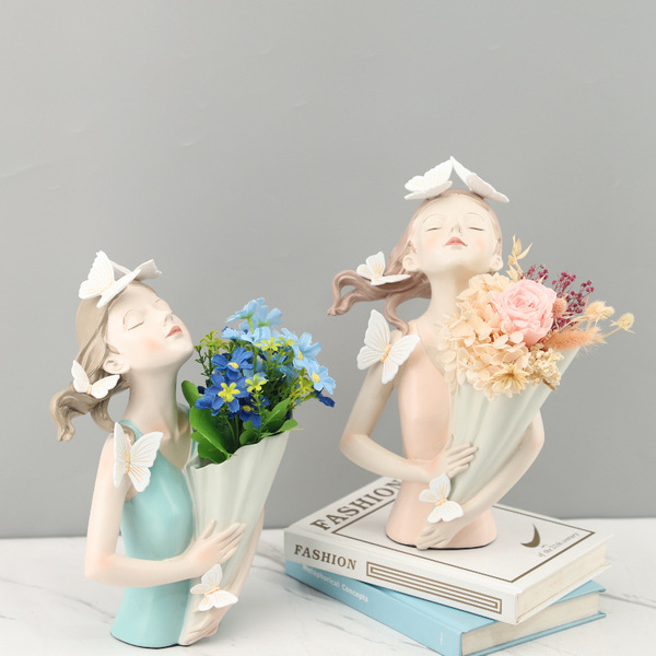 Nordic creative cartoon butterfly girl holding flowers
