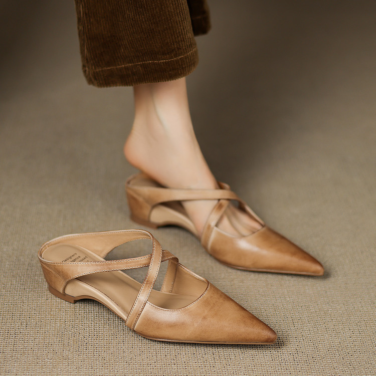 Wasteland Style Retro First-Layer Washed Cowhide Pointed-Toe Mules for Outer Wear and Inner Heightening Cross-Strap Toe-Cap Sandals for Women