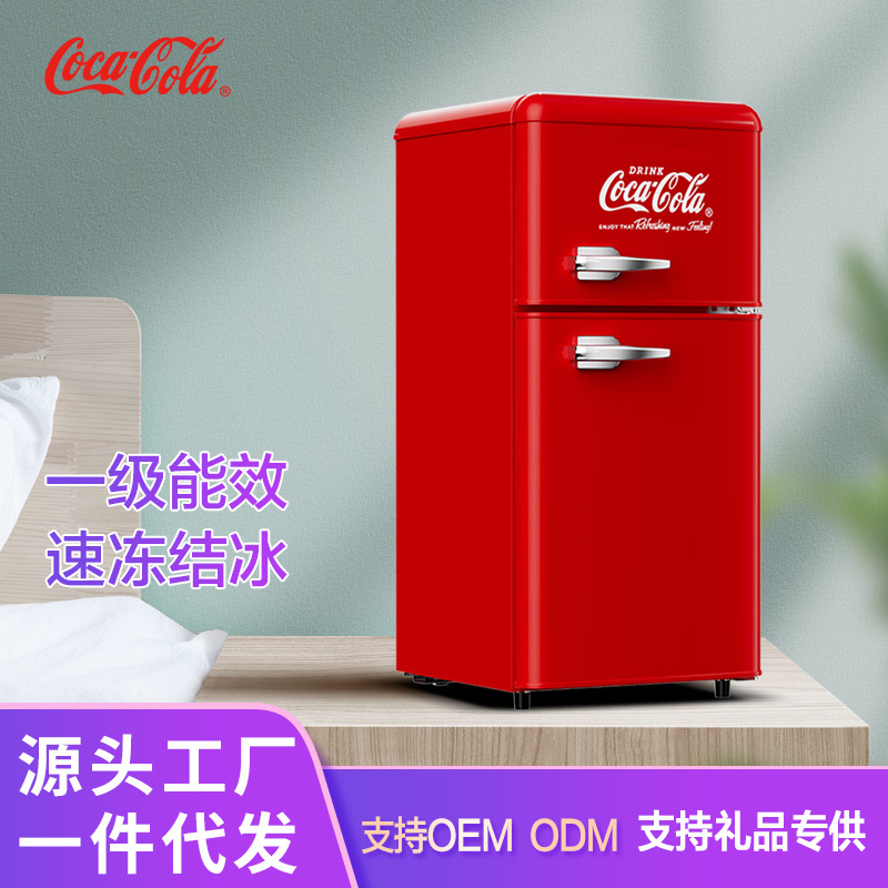 Coca-Cola Energy-Saving Low-Noise Retro Double-Door Refrigerated Household First-Class Energy-Saving and Power-Saving Rental Retro Mini Refrigerator
