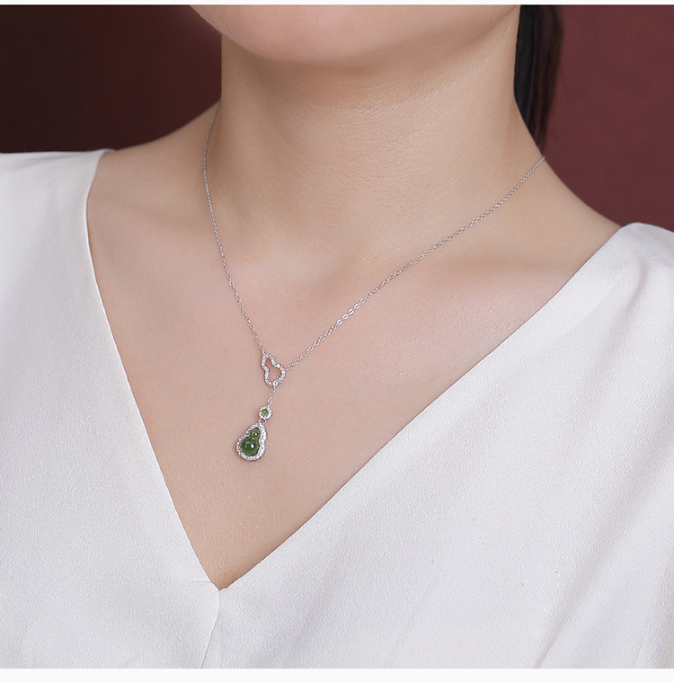 Dây chuyền bạc S925 mạ vàng mặt ngọc Hetian hình quả bầu hạt Fulu — Mẫu bạc (bao gồm cả dây chuyền) chi tiết 7