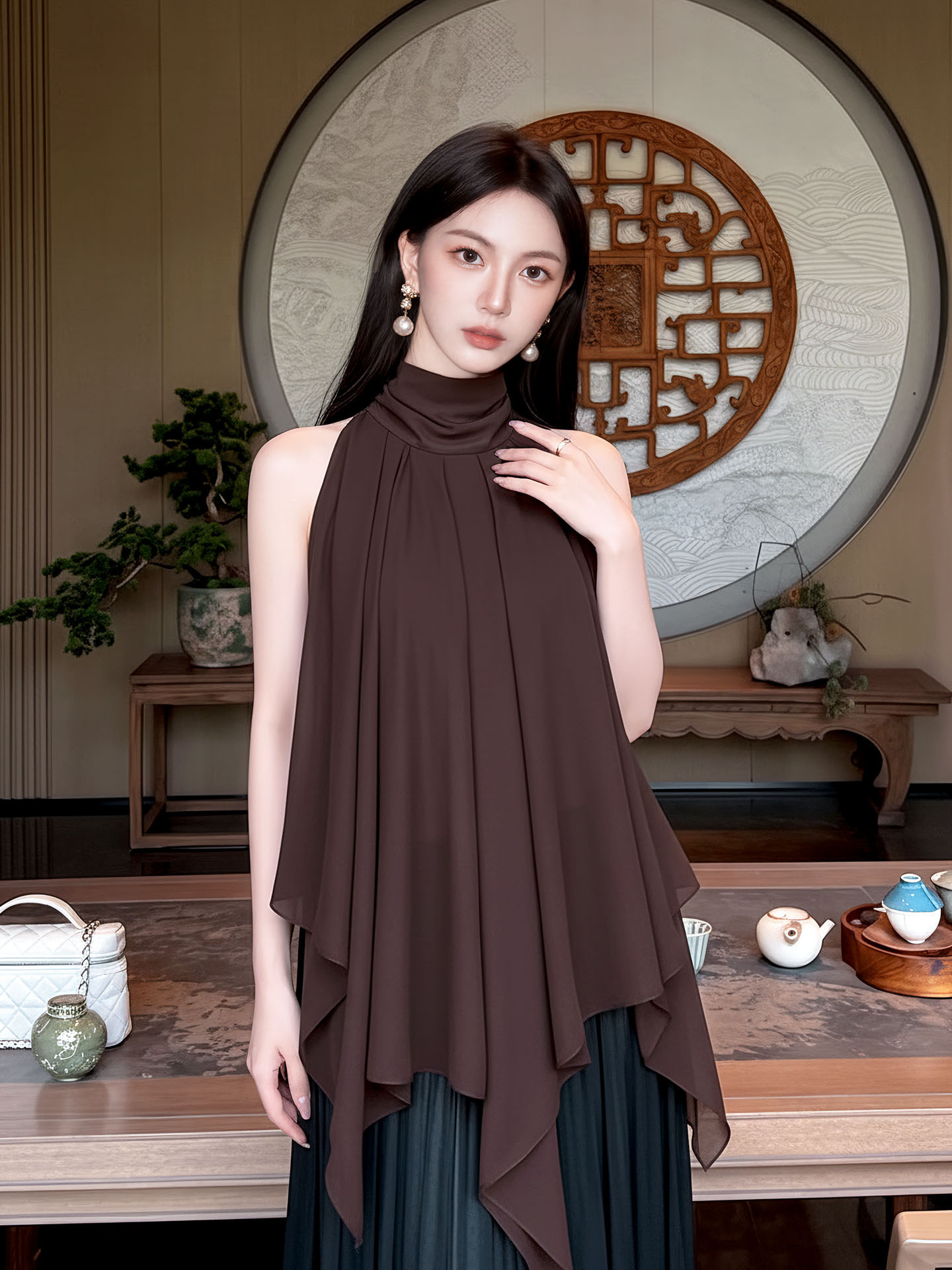 Áo sơ mi không tay phối dây rua kiểu Trung Quốc mùa hè — màu cà phê