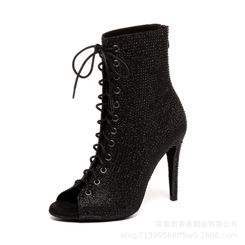 Black Glitter Shiny Latin Dance Shoes Hot Diamond Jazz Short Boots Professional Heels High Heel Dance Shoes Factory Direct Sale