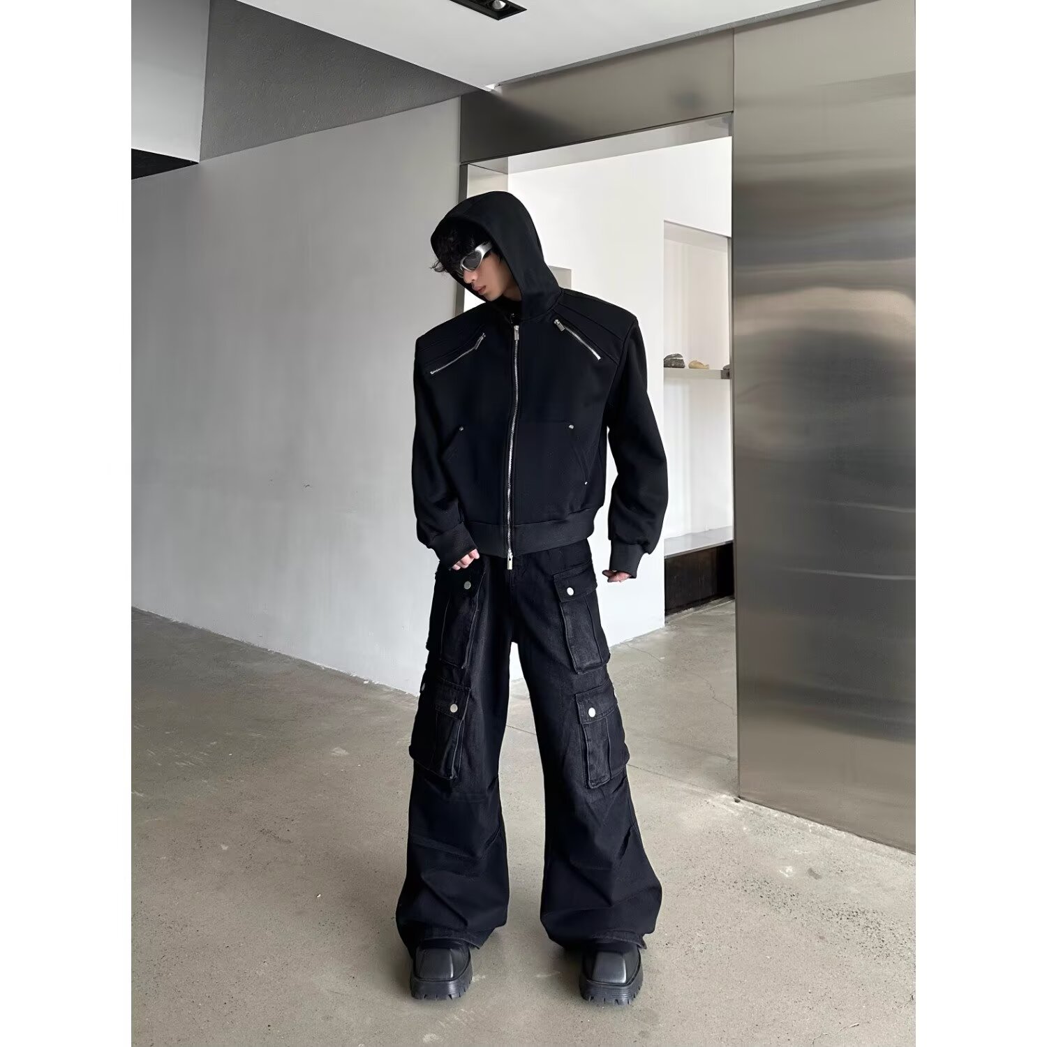 Men's Metal Zipper Hooded Jacket Deconstruction Design Style_voghion.com