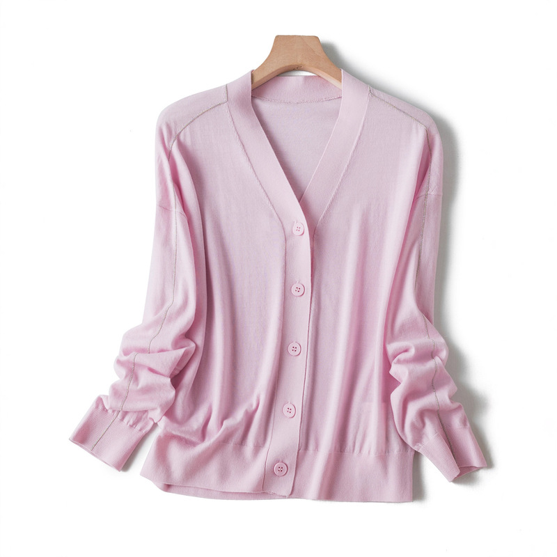 High Quality Superfine Merino Wool Bead Chain Knitted Cardigan Women's Thin Loose Long-Sleeved Sweater 010