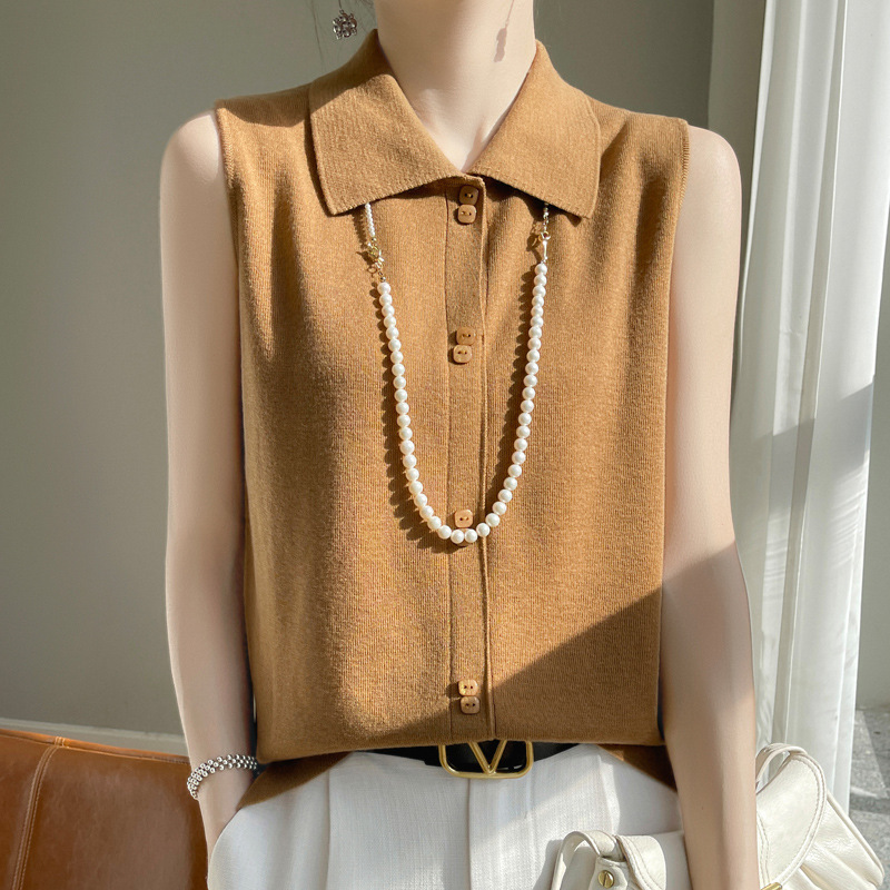 Fine Imitation Wool Shirt Collar Knitted Vest Women's Spring Autumn and Winter Sleeveless Top Base Shirt 24 Spring Autumn POLO Collar Top