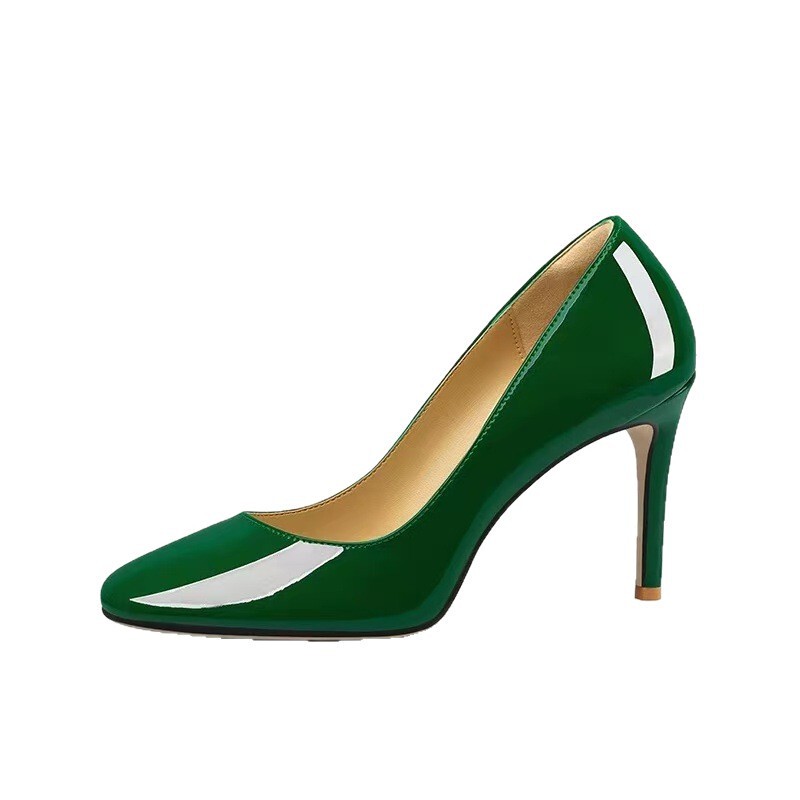 Green Patent Leather 8cm Round Toe High Heels Nude New Style Shallow High Heel Stiletto Women's High Heels Large Size 43