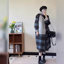 秋冬新款复古格纹拼色双面羊毛大衣宽松茧型围巾羊绒中长款大衣女