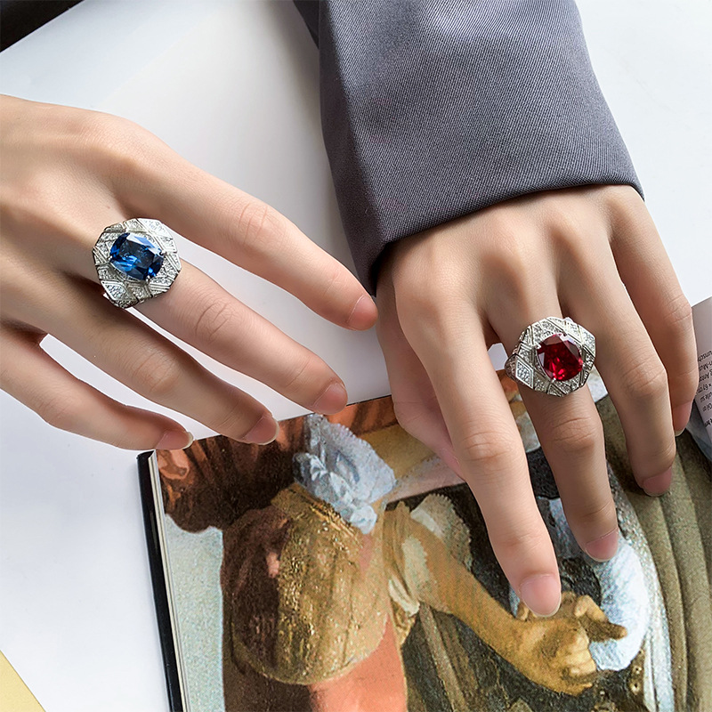 2024 nueva joyería Zhuang Shengsheng fondo de cobre chapado en oro simulación corindón nido de pájaro corte temperamento anillo piedra principal 10*12