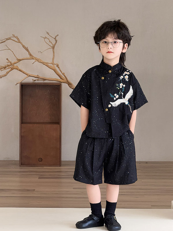 2025 ホットスタイル男の子唐スーツ半袖スーツ黒底鶴花刺繍ショーツ漢服ワンピースドロップシッピング|undefined