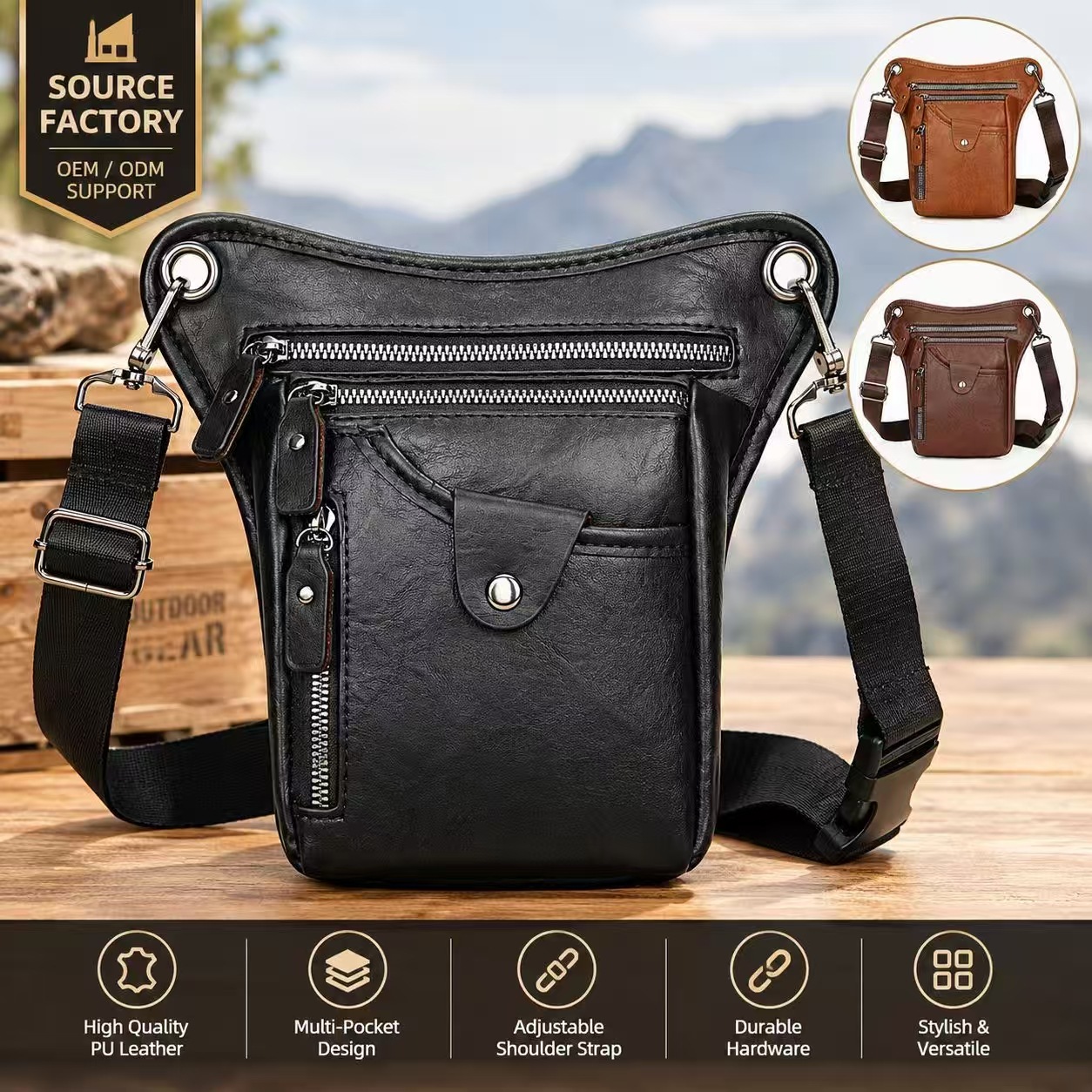 Men's Waist Bag, Men's Outdoor Sports Backpack, Pu Versatile Men's Leg Bag, Cross-Border Wholesale, European and American Retro Mobile Phone Waist Bag