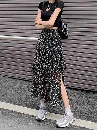 Chiffon Floral Ruffled High-Waisted Slit Skirt for Women | Spring/Summer Loose-Fitting, Slimming, and Versatile Midi Dress