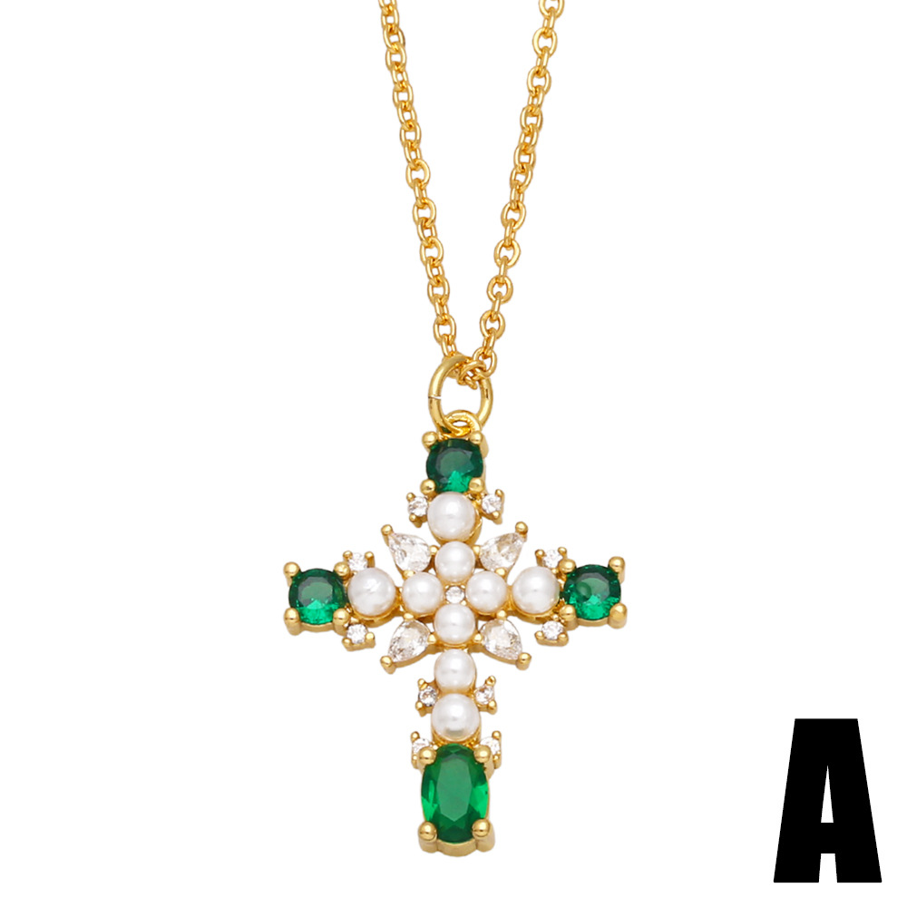 Fashion Cross Copper Pendant Necklace Inlay Pearl Zircon Copper Necklaces display picture 2