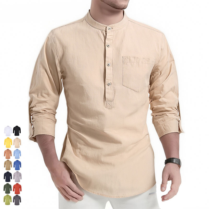 Amazon tamaño europeo camisa de los hombres algodón Henley camisa soporte collar camisa Lino los hombres manga larga fábrica directa en stock camisa