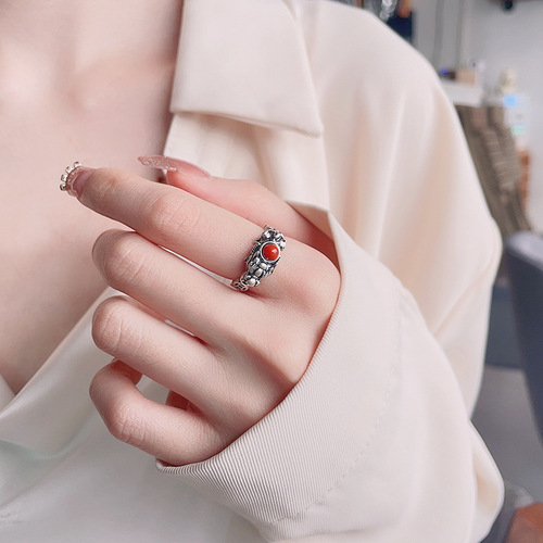 Yunchaoxuan S925 sterling silver retro aged matte craftsman Pixiu coin southern red inlaid antique style open ring