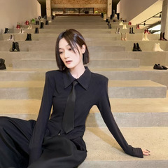 2025秋韩版时尚套装女气质长袖领带上衣高腰阔腿裤两件套显瘦百搭